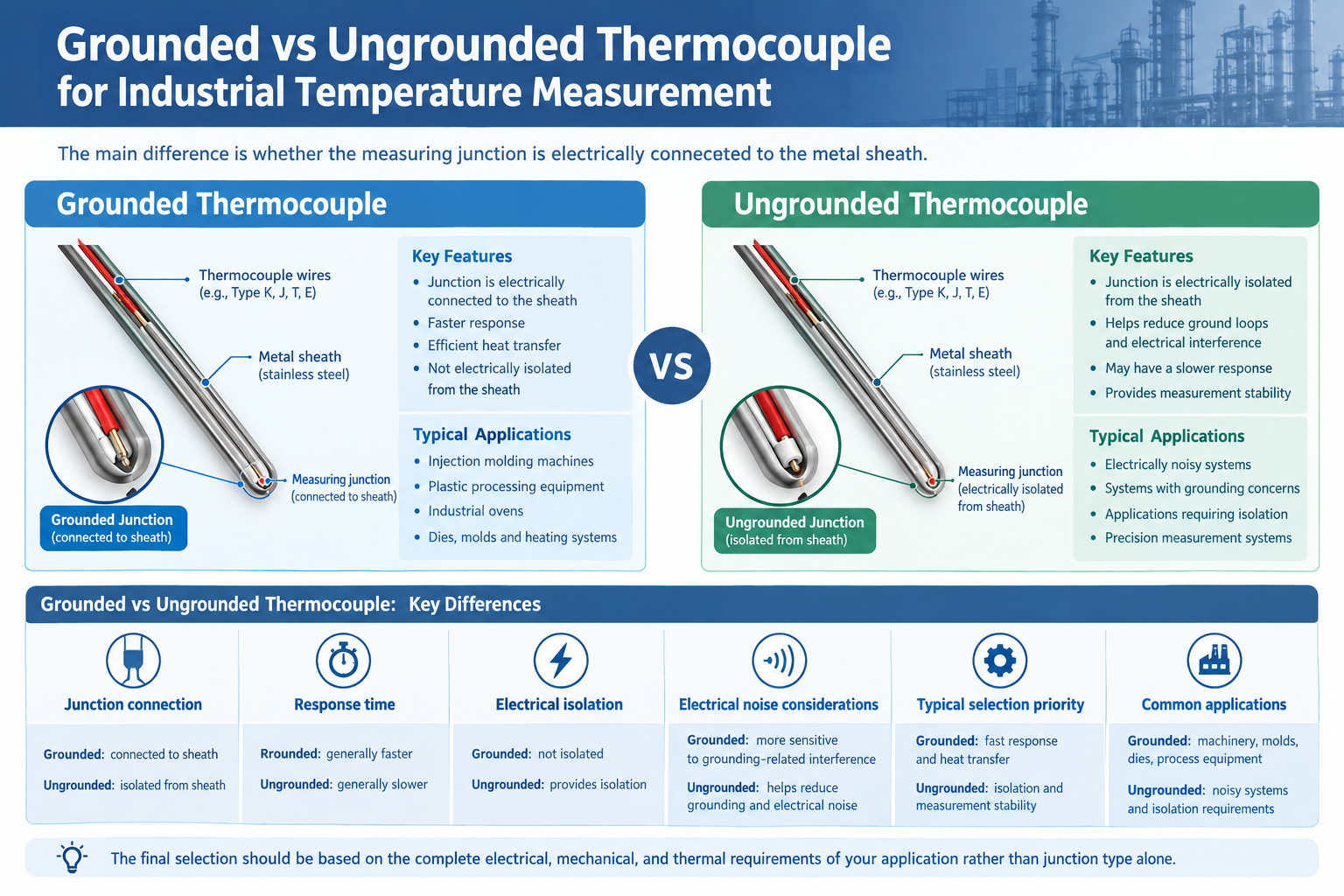 Grounded vs ungrounded thermocouple for industrial temperature measurement