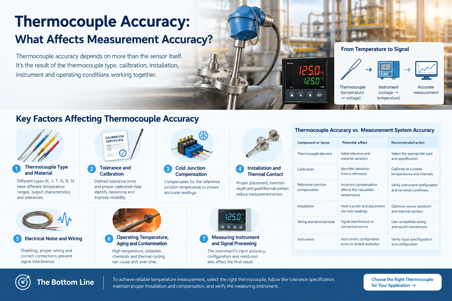 Thermocouple accuracy factors including calibration, cold junction compensation, installation, wiring, and measuring instrument performance